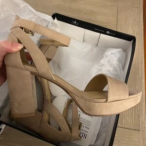 Nude block heels with a 3-inch heel and 1-inch platform
